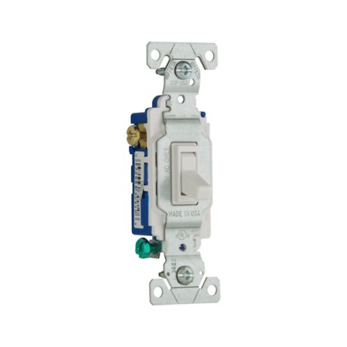 Eaton 1303-7W white toggle switch, 3-way, 15A 120V, polycarbonate body, for LED, motor, CFL, incandescent, and more.