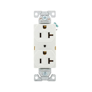 Eaton BR20W 20A white commercial-grade duplex receptacle with high-impact nylon face and PVC body, NEMA 5-20R, for commercial flush-mount use.