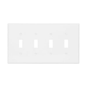 Eaton PJ4W 4-Gang White Mid-Size Toggle Wallplate made of durable polycarbonate, UL listed, with four toggle switch cutouts and a clean, modern finish.