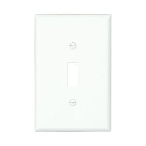 Eaton PJ1W white polycarbonate single-gang toggle wallplate, mid-size, durable impact-resistant material, designed for standard toggle switches, UL and cULus certified, clean modern finish.