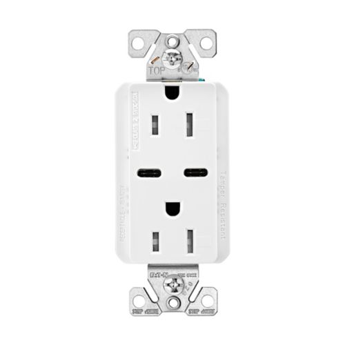 15 Amp Tamper Resistant Decorator Receptacle with Dual USB Type-C 5Amp Charger Receptacles | 125V | White