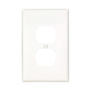 Eaton PJ8W white mid-size wallplate for single-gang duplex receptacles, made of durable polycarbonate with a smooth finish, ideal for residential or commercial use.