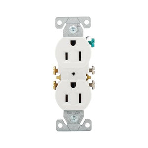 Eaton 270W 15A Duplex Receptacle in White – Standard Residential/Commercial Grade, 125V, Impact-Resistant Thermoplastic with Side and Push Wiring, NEMA 5-15R Configuration.
