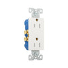Eaton TR1107W white tamper-resistant 15A decorator duplex receptacle, 125V residential grade outlet with screw terminals, impact-resistant thermoplastic face, PVC body, and straight blade design.