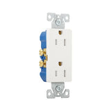 Eaton TR1107W white tamper-resistant 15A decorator duplex receptacle, 125V residential grade outlet with screw terminals, impact-resistant thermoplastic face, PVC body, and straight blade design.