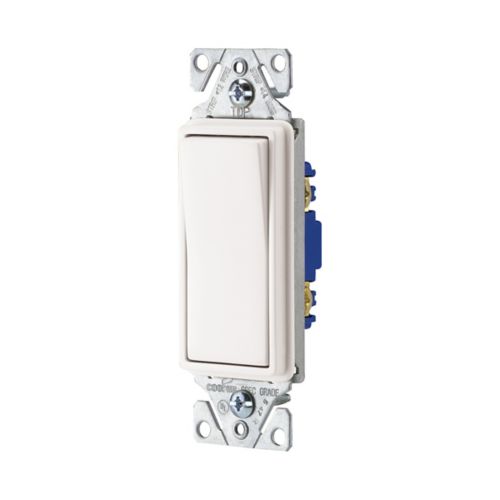 Eaton 7501W white single-pole 15A decorator switch with maintained closure, compatible with motor, fan, LED, incandescent, CFL, and fluorescent loads, back and push wire, 120/277V, thermoplastic housing.