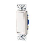 Eaton 7501W white single-pole 15A decorator switch with maintained closure, compatible with motor, fan, LED, incandescent, CFL, and fluorescent loads, back and push wire, 120/277V, thermoplastic housing.