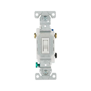 Eaton 1303-7W white toggle switch, 3-way, 15A 120V, polycarbonate body, for LED, motor, CFL, incandescent, and more.