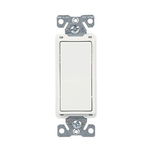 Eaton 7504W-BOX white four-way decorator switch, 15A 120/277V, compatible with motor, fan, LED, incandescent, CFL, fluorescent, halogen, ELV, and MLV loads, back and push wiring, thermoplastic housing, flush mount.