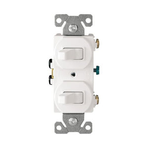 Eaton 271W white commercial-grade combination switch, 15A, 120/277V, dual single-pole toggles, thermoplastic body, brass contacts, back and side wired.
