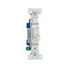 Eaton 1301-7W white single-pole residential toggle switch, 15A 120V, flush mount, polycarbonate body, side and push wire terminals, compatible with LED, CFL, incandescent, motor control, and fan loads, cULus listed.