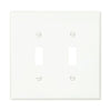 Eaton PJ2W two-gang white toggle wallplate, mid-size, made of durable polycarbonate with a smooth finish, designed for standard toggle switches.