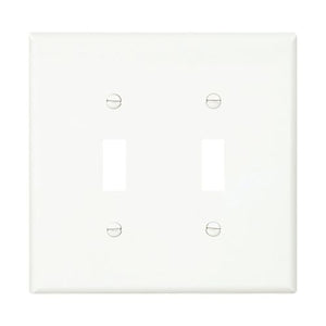 Eaton PJ2W two-gang white toggle wallplate, mid-size, made of durable polycarbonate with a smooth finish, designed for standard toggle switches.