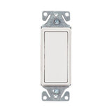 Eaton 7501W white single-pole 15A decorator switch with maintained closure, compatible with motor, fan, LED, incandescent, CFL, and fluorescent loads, back and push wire, 120/277V, thermoplastic housing.