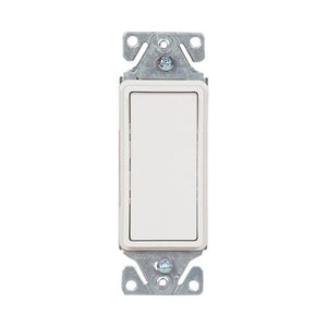 Eaton 7501W white single-pole 15A decorator switch with maintained closure, compatible with motor, fan, LED, incandescent, CFL, and fluorescent loads, back and push wire, 120/277V, thermoplastic housing.