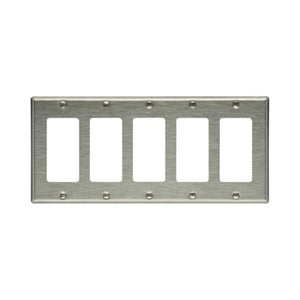Eaton 93405-BOX five-gang stainless steel decorator/GFCI wallplate with brushed finish, standard size, UL listed and CSA certified.
