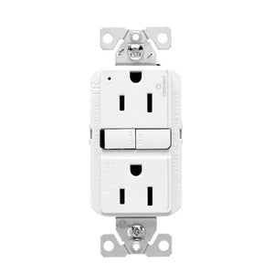 Eaton TWRGF15W 15A 125V white GFCI outlet with slim design, tamper-resistant and weather-resistant features, front view of self-test receptacle for residential or outdoor use.
