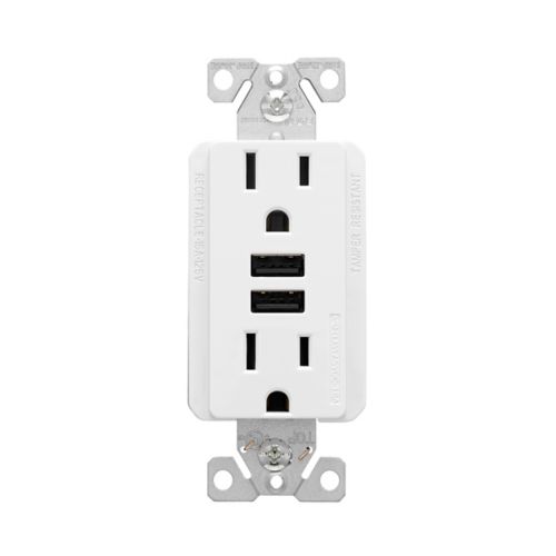 15 Amp USB Charger Duplex Receptacle | 125V Tamper-Resistant Outlet | White