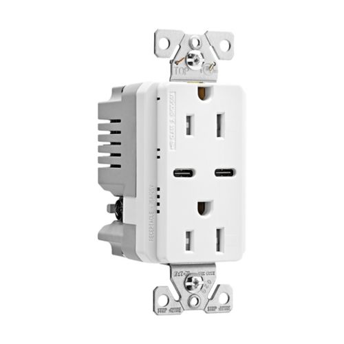 Eaton TRUSBC15W white combination USB Type-C charger with 15A duplex receptacle, tamper-resistant, decorator style, flush mount.
