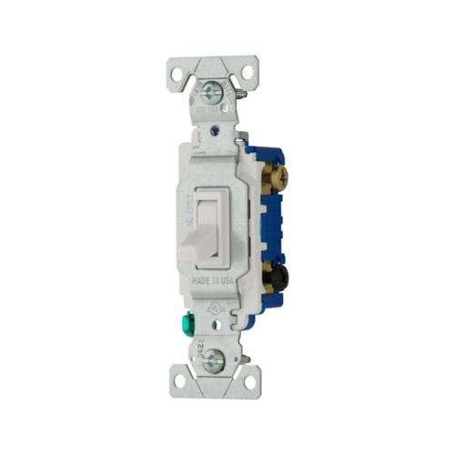 Eaton 1303-7W white toggle switch, 3-way, 15A 120V, polycarbonate body, for LED, motor, CFL, incandescent, and more.