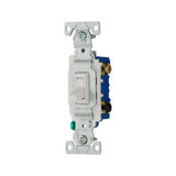 Eaton 1303-7W white toggle switch, 3-way, 15A 120V, polycarbonate body, for LED, motor, CFL, incandescent, and more.