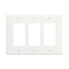 Eaton 3-gang decorator wallplate PJ263W, mid-size, 6.75 x 4.87 inches, 0.08-inch depth, white thermoplastic, RoHS compliant, UL and cULus listed, fits three GFCI or decorator devices