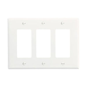 Eaton 3-gang decorator wallplate PJ263W, mid-size, 6.75 x 4.87 inches, 0.08-inch depth, white thermoplastic, RoHS compliant, UL and cULus listed, fits three GFCI or decorator devices