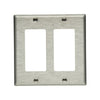 Eaton 93402-BOX1 two-gang stainless steel decorator GFCI wallplate, standard size, brushed metal finish, compatible with decorator and GFCI outlets.