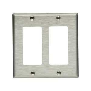 Eaton 93402-BOX1 two-gang stainless steel decorator GFCI wallplate, standard size, brushed metal finish, compatible with decorator and GFCI outlets.