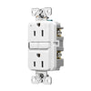 Eaton TWRGF15W 15A 125V white GFCI outlet with slim design, tamper-resistant and weather-resistant features, front view of self-test receptacle for residential or outdoor use.