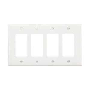 Eaton 4-gang decorator wallplate PJ264W, mid-size, 8.56 x 4.87 inches, 0.08-inch depth, white thermoplastic, UL and cULus listed, RoHS compliant, fits four GFCI or decorator devices