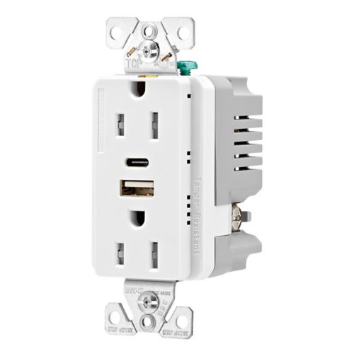Eaton TRUSBAC15W-BOX white USB Type-A and Type-C charger with 15A duplex tamper-resistant receptacle, decorator-style electrical outlet.