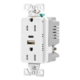 Eaton TRUSBAC15W-BOX white USB Type-A and Type-C charger with 15A duplex tamper-resistant receptacle, decorator-style electrical outlet.