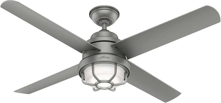 Lantern style outdoor ceiling fan matte silver finish