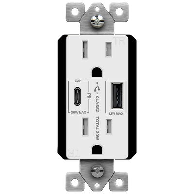 15 Amp Type A/C USB Charger With Duplex Decorator Receptacle | 30W Power Delivery | Tamper Resistant | 125V | Enerlites 61501-1A1C-PD30