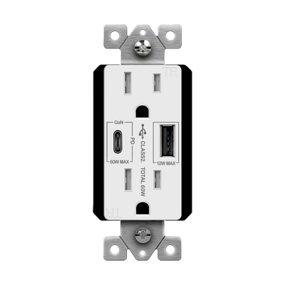 15 Amp Type A/C USB Charger With Duplex Decorator Receptacle | 60W Power Delivery | Tamper Resistant | 125V | Enerlites 61501-1A1C-PD60