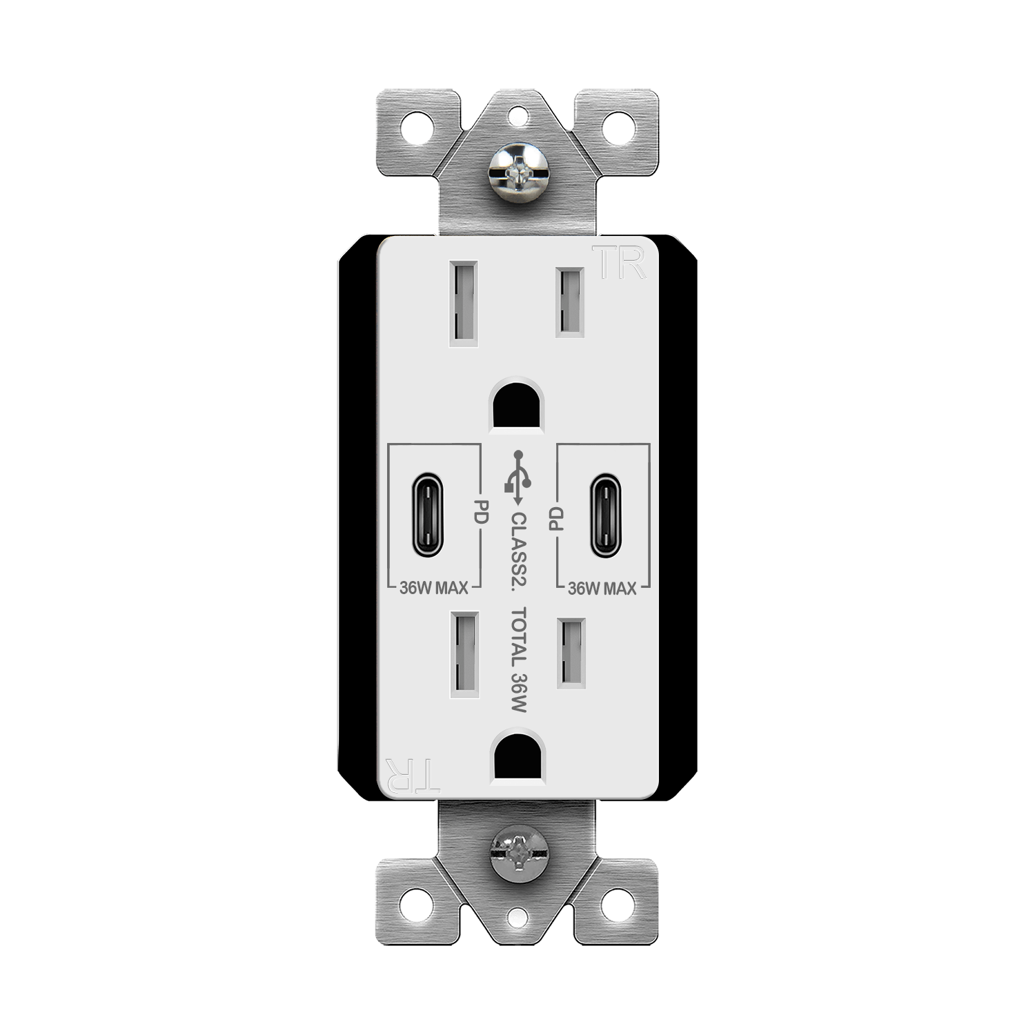 15 Amp Duplex Decorator Receptacle With Dual USB-C Charger | 36W Power Delivery | 125VAC | Enerlites 61501-2C-PD36