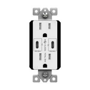 ENERLITES 61501-2C-PD36 wall outlet with dual USB-C ports (one 36W PD), and 15A tamper-resistant duplex receptacle for fast charging. - Available at Electrical Marketplace