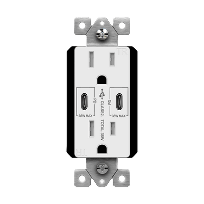 15 Amp Duplex Decorator Receptacle With Dual USB-C Charger | 36W Power Delivery | 125VAC | Enerlites 61501-2C-PD36