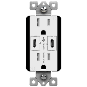 ENERLITES 61501-2C-PD60 wall outlet with dual USB-C ports (one 60W PD), and 15A tamper-resistant duplex receptacle for fast charging. - Available at Electrical Marketplace