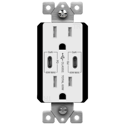 15 Amp Duplex Decorator Receptacle With Dual USB-C Charger | 60W Power Delivery | 125VAC | Enerlites 61501-2C-PD60