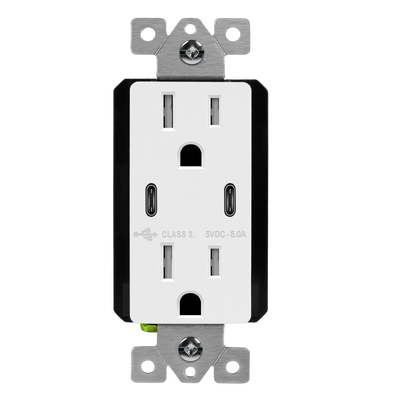 15 Amp Duplex Decorator Receptacle With 5 Amp Dual USB-C Charger | 125V | Enerlites 61501-2C5