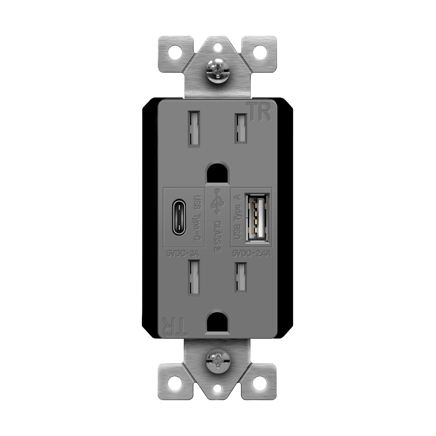 ENERLITES 61501-TR2USB-1A1C USB wall outlet with USB-C and USB-A ports, 5.8 amp charging and dual 15A tamper-resistant duplex receptacles.