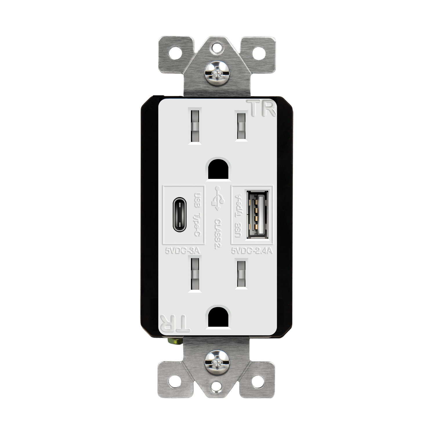 15 Amp Duplex Decorator Receptacle With Dual USB Type C/A Charger | 125VAC | Enerlites 61501-TR2USB-1A1C