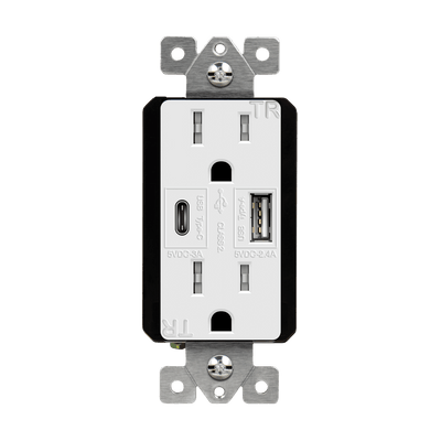 15 Amp Duplex Decorator Receptacle With Dual USB Type C/A Charger | 125VAC | Enerlites 61501-TR2USB-1A1C