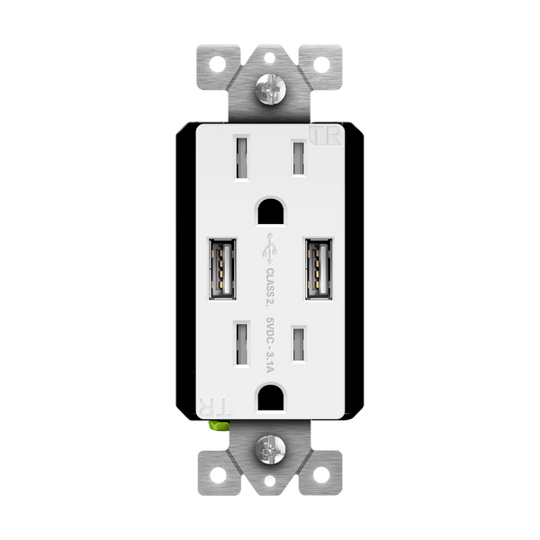 Dual USB Type-A Charger 3.1A with 15A Tamper-Resistant Receptacles