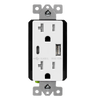 White 20 Amp tamper-resistant duplex receptacle with built-in dual USB Type-C and Type-A charger ports, 5.0A total output