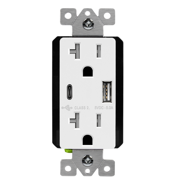 Dual USB Type-C/Type-A Charger 5.0A with 20A Tamper-Resistant Duplex Receptacles