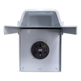 ENERLITES 66500MHW heavy-duty 50A outdoor receptacle box with galvanized steel construction, NEMA 3R weather-resistant enclosure, and silver-plated brass contacts for high-power devices.