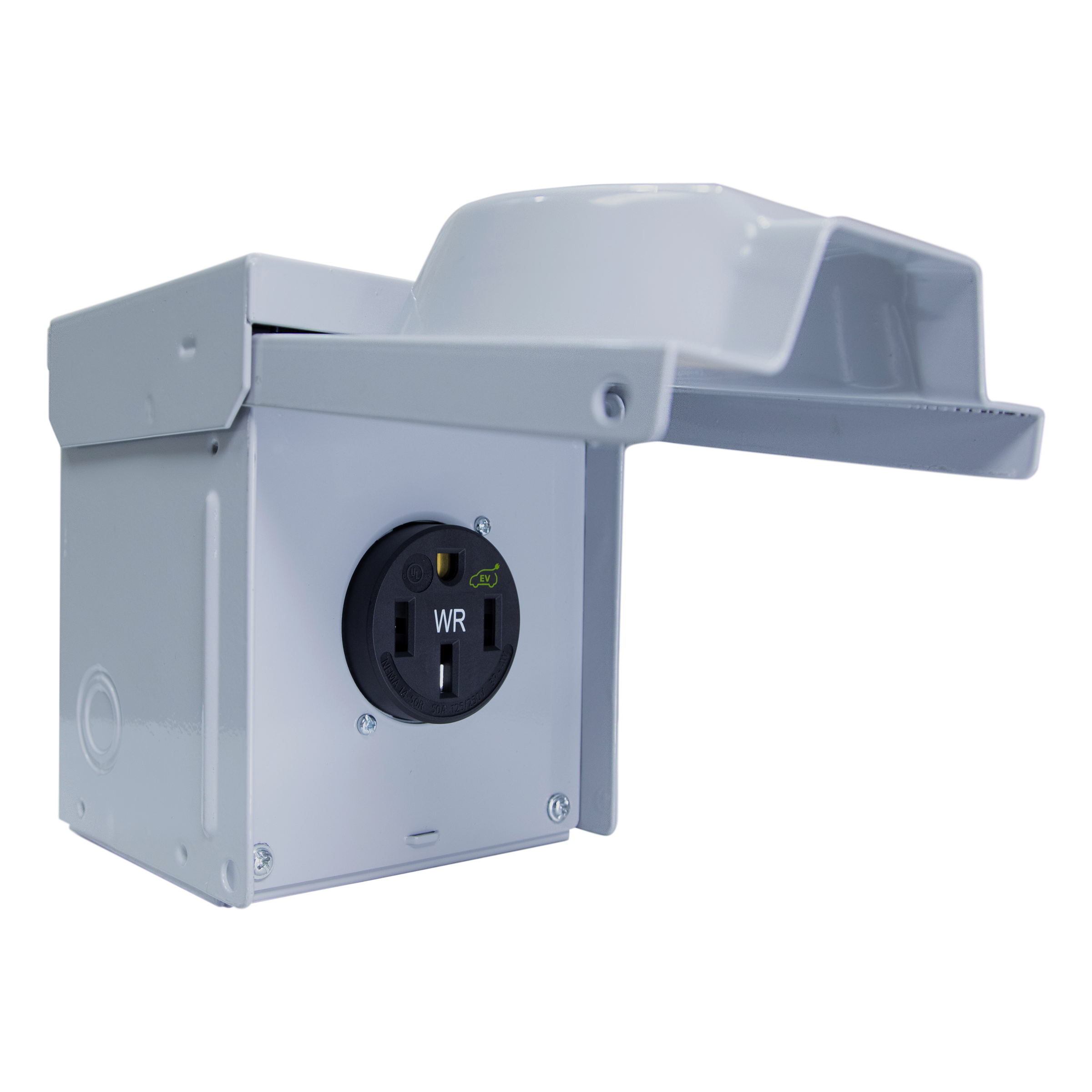 ENERLITES 66500MHW heavy-duty 50A outdoor receptacle box with galvanized steel construction, NEMA 3R weather-resistant enclosure, and silver-plated brass contacts for high-power devices.
